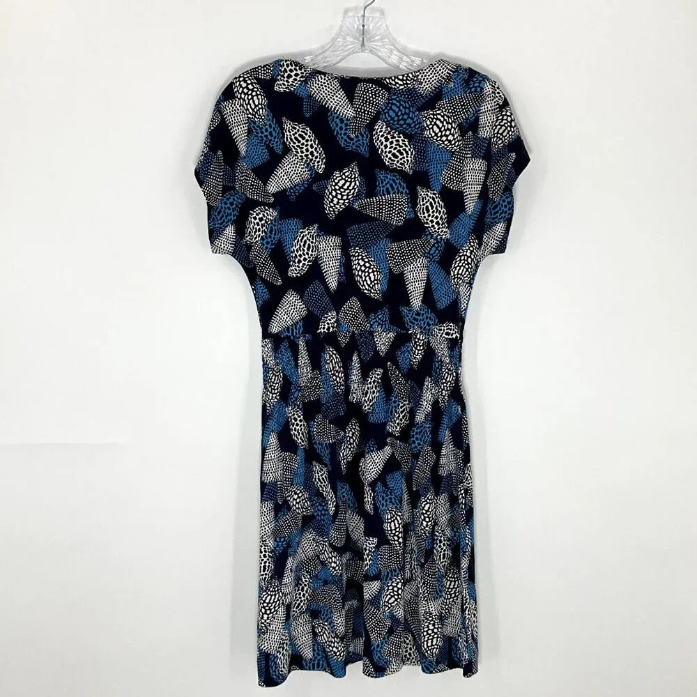 Tory Burch Dress Women XS Silk Blue‎ Seashell Polka Dot Short Sleeve V-Neck